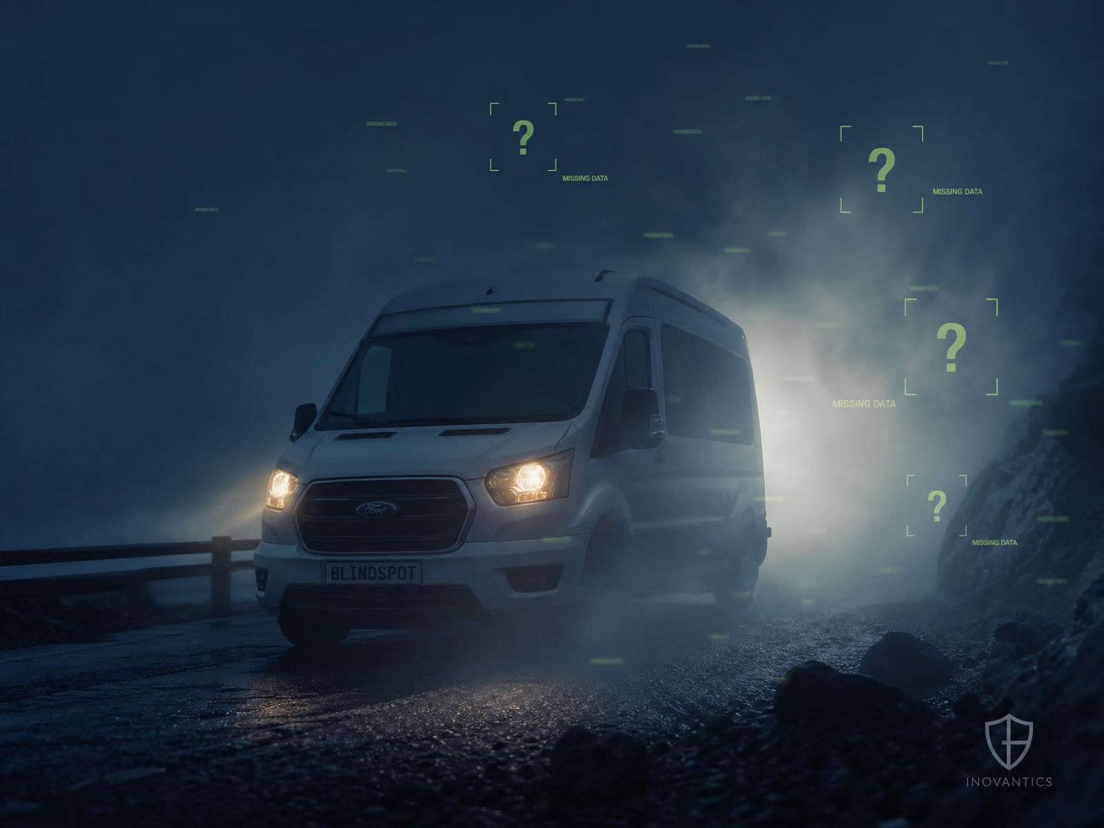 Empty van interior at dusk with faint HUD warning overlay